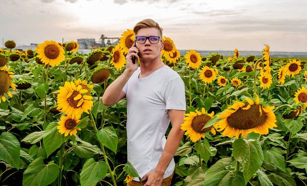Молодой человек разговаривает по телефону, стоя на подсолнечном поле  - Фото, изображение