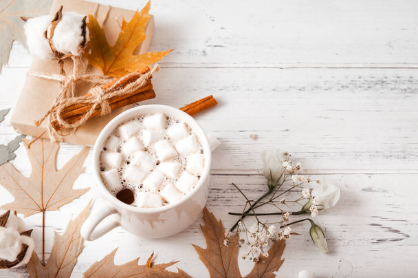 hot chocolate, a Cup of  cocoa with marshmallows, autumn yellow maple leaves, cones, cinnamon sticks, a gift box, a sprig of white flowers and cotton on a white wooden background - Photo, image