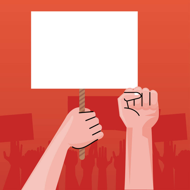 manos humanas protestando levantando pancarta vacía en fondo rojo - Vector, imagen