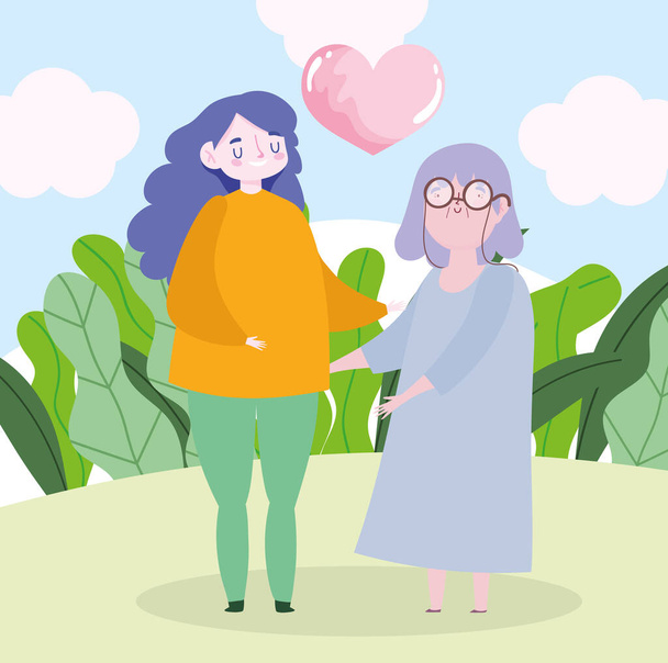 famille grand-mère et petite-fille coeur amour ensemble dessin animé - Vecteur, image