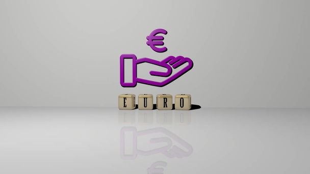 EURO texto de letras de dados cúbicos en el suelo y 3D icono en la pared. Ilustración 3D. negocios y antecedentes - Foto, imagen