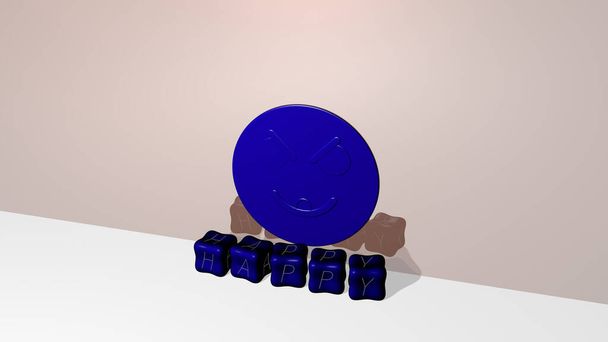 3D grafische beeld van HAPPY verticaal samen met tekst gebouwd door metalen kubieke letters vanuit het bovenste perspectief, uitstekend voor de concept presentatie en diavoorstellingen. achtergrond en illustratie - Foto, afbeelding