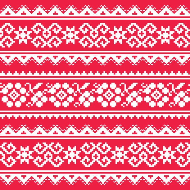 Ukrainian and Belarusian folk art vector seamlesss pattern - inspired by retro Slavic cross-stitch designs in white on red background. Repetitive ethnic embroidery design, wallpaper and textile art - Vektor, obrázek