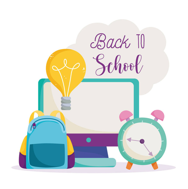 学校に戻る,コンピュータのバックパック時計のアイデアオンライン小学校教育漫画 - ベクター画像