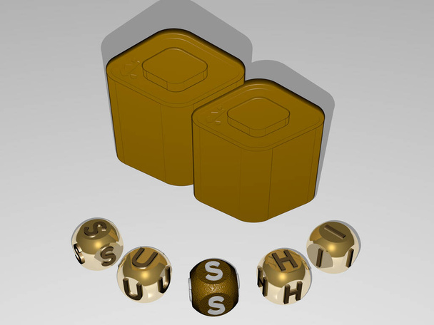 SUSHI okrągły tekst liter sześciennych wokół ikony 3D. Ilustracja 3D. żywność i japoński - Zdjęcie, obraz