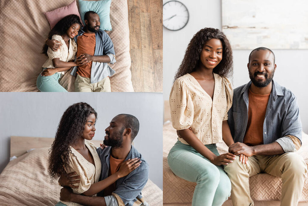 Afrikalı Amerikalı çiftin kolajı yatakta uzanıyor, kucaklaşıyorlar ve evlerinde kameraya bakıyorlar. - Fotoğraf, Görsel