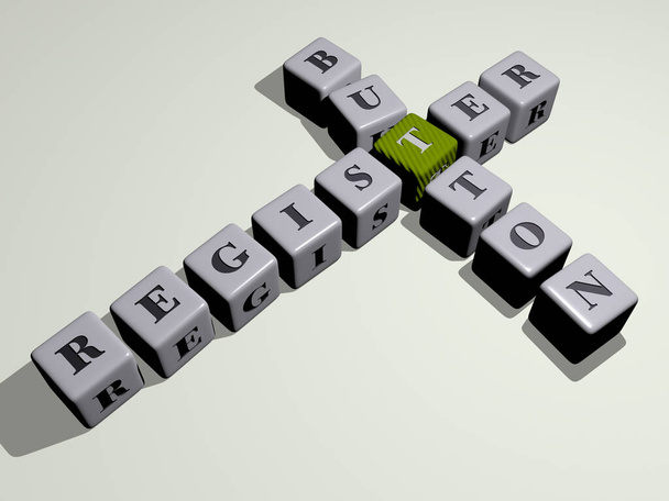 REGISTER BUTTON kruiswoordraadsel door kubieke dobbelstenen letters. 3D illustratie. contant en zakelijk - Foto, afbeelding