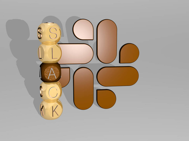 Representação 3D do SLACK com ícone na parede e texto dispostos por letras cúbicas metálicas em um piso espelho para significado conceito e apresentação de apresentação de slides
 - Foto, Imagem