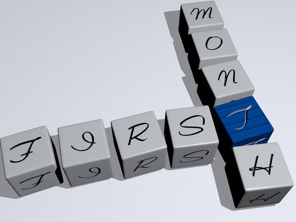 πρώτο μήνα σταυρόλεξο με κυβικά γράμματα ζάρια. 3D απεικόνιση. ημερολόγιο και ιστορικό - Φωτογραφία, εικόνα