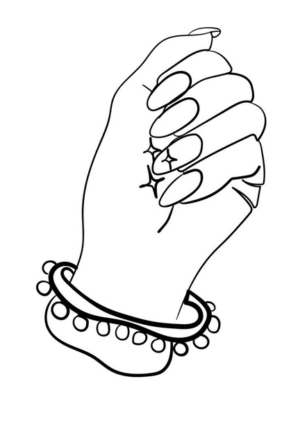 Woman's hand with long nails and ethnic bracelet. One line drawing. - ベクター画像