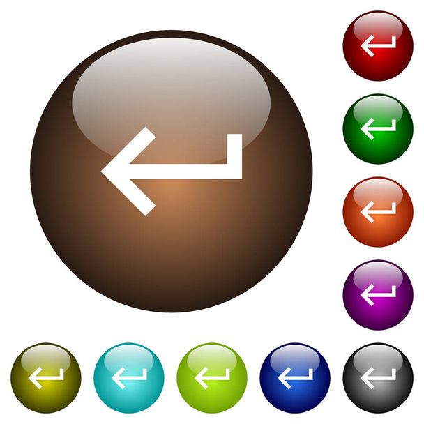 Teclado devolver iconos blancos en botones de vidrio redondos en múltiples colores - Vector, imagen