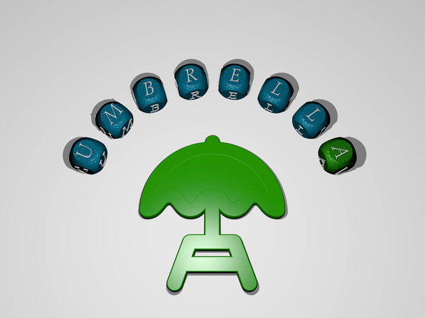 deštník ikona obklopen textem jednotlivých písmen. 3D ilustrace. pozadí a pláž - Fotografie, Obrázek