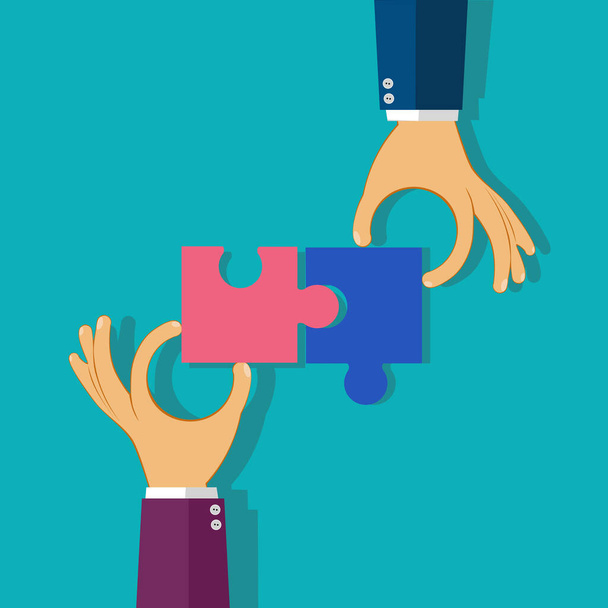 Hands putting jigsaw puzzle pieces. Teamwork business and problem solution concept. vector - Vector, Image
