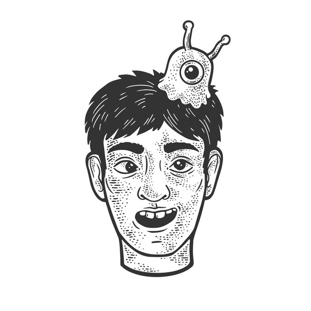 Άνθρωπος με εγκεφαλική σφαίρα σκίτσο χάραξης διανυσματική απεικόνιση. Σχεδιασμός εκτύπωσης ρούχων T-shirt. Απομίμηση χαρτονιού. Ασπρόμαυρη ζωγραφισμένη στο χέρι εικόνα. - Διάνυσμα, εικόνα