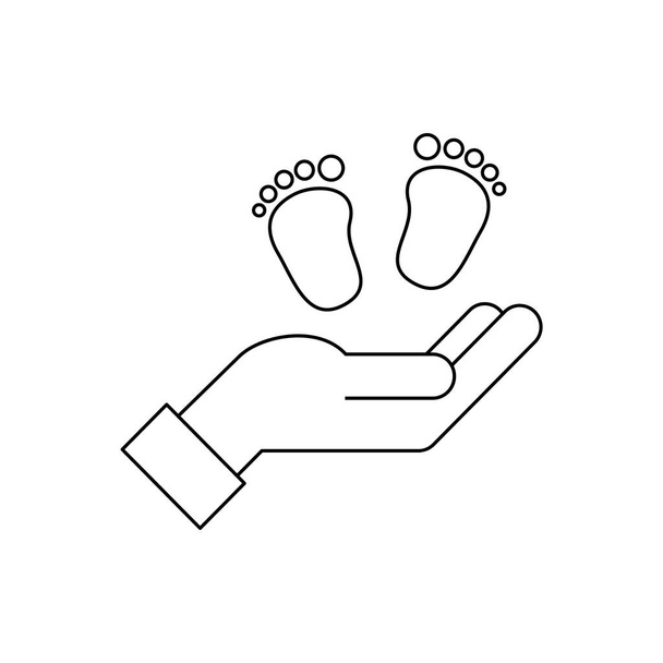 手線のアイコンで赤ん坊の足。親の手を支える子供の足跡。子供の世話、愛、保護。両親と家族。黒の輪郭白の背景。ベクターイラスト,フラット,クリップアート - ベクター画像