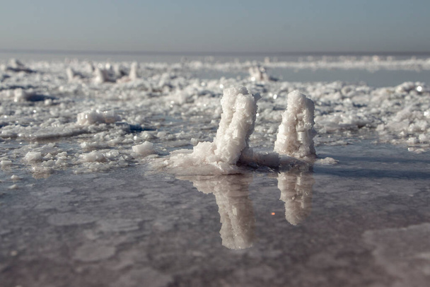 İki tuz kristali yüksek tuz içerikli bir gölün kıyılarında oluştu.. - Fotoğraf, Görsel