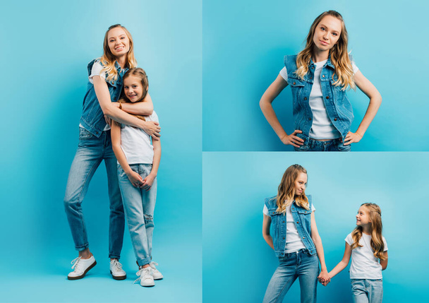 collage of young woman in denim clothes standing with hands on hips, embracing daughter and holding hands with her on blue - Fotó, kép