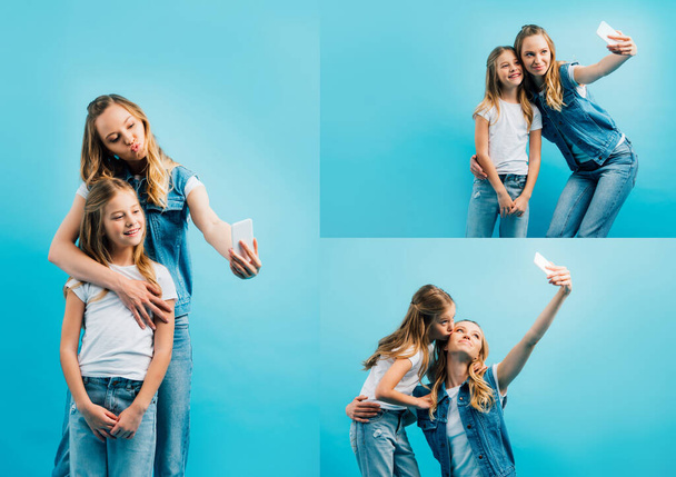 collage of mother pouting lips while taking selfie on smartphone with daughter kissing her isolated on blue - Фото, зображення