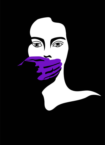 Illustratie over huiselijk geweld in een minimalistische stijl. Vrouw met de hand van een man op haar mond. Kan gebruikt worden als poster. Violet zwart-wit kleur. - Vector, afbeelding