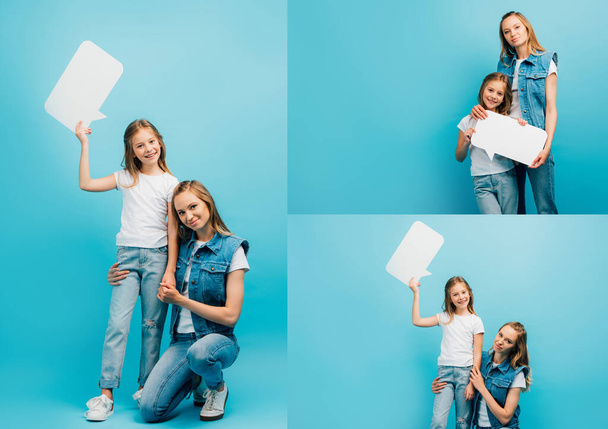 collage of young woman in denim clothes touching daughter holding speech bubble on blue - Foto, imagen