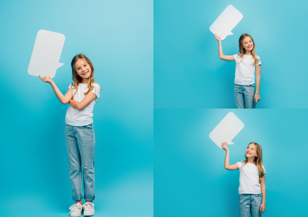 collage of child in white t-shirt and jeans holding speech bubble on blue - Foto, immagini