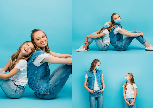 collage of young woman and child sitting back to back and wearing medical masks on blue - Photo, Image