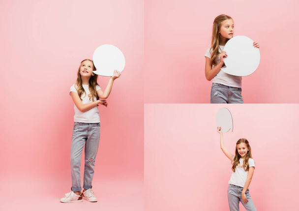 collage of girl in white t-shirt and jeans holding thought bubble on pink - Foto, imagen