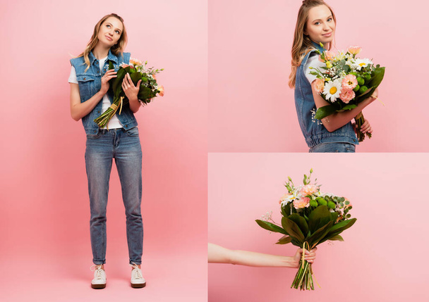 collage of woman in denim clothes and female hand with bouquet of flowers on pink - Photo, Image