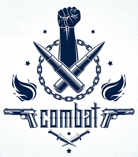 Revolution and Riot aggressive emblem or logo with strong clenched fist, weapons and different design elements , vector tattoo, anarchy and chaos, rebel partisan and revolutionary. - Vector, imagen