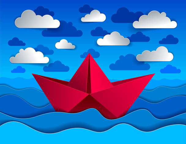 Origami paper ship toy swimming in curvy waves of the sea and clouds in the sky, beautiful vector illustration in paper cut style. - ベクター画像