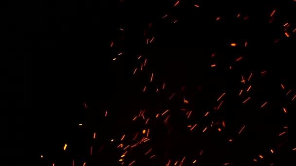  Funken aus Feuer und Lagerfeuer auf schwarzem Hintergrund vereinzelt. Funkenflug - Filmmaterial, Video