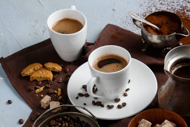 Coffee background with coffee cups and beans - Foto, Imagem