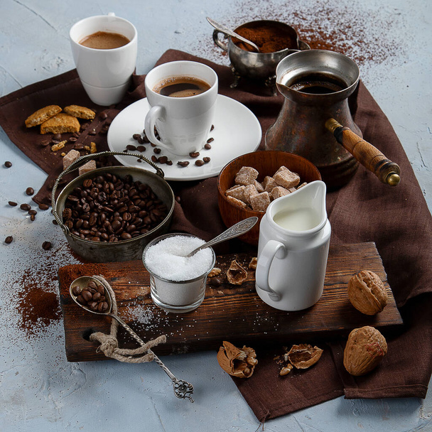 Coffee background  with coffee cups and beans - Foto, Imagem