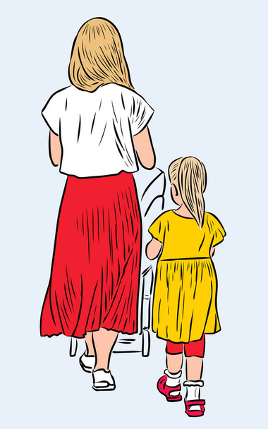 Vector illustration of young mother with her kids strolling together on summer day - Vetor, Imagem