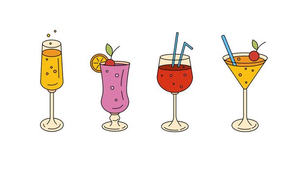 Conjunto de coloridos cócteles de verano. Bebidas y concepto de bar. Ilustración vectorial plana. - Vector, imagen