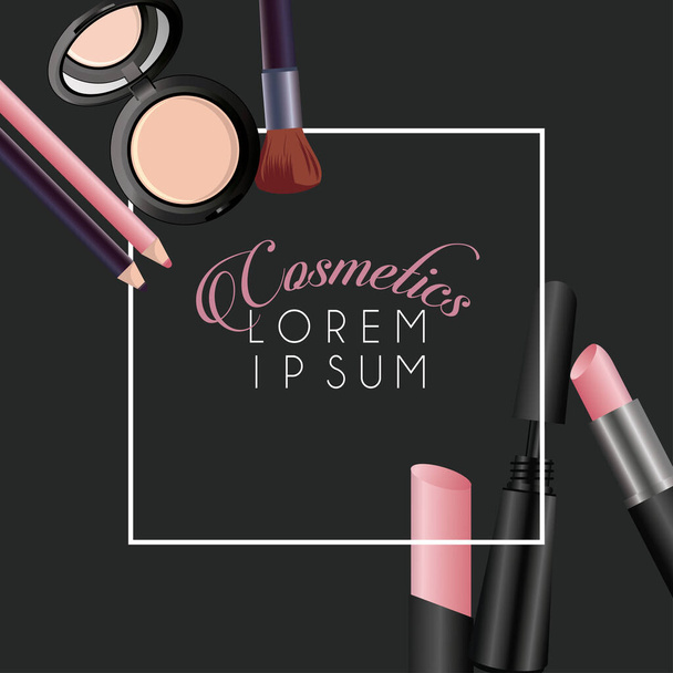 lettering and make-up cosmetics square frame in black background - Vector, Image