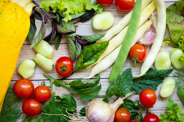 Autumn fresh vegetables on wooden table background - Фото, изображение