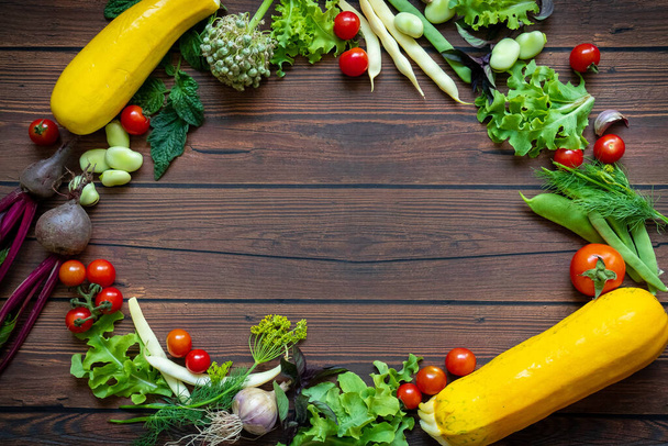Autumn fresh vegetables on wooden table background - Photo, Image