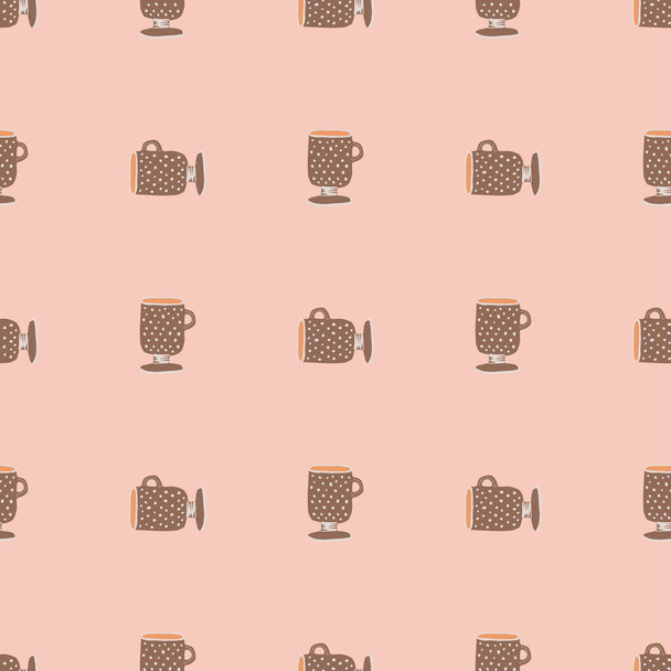 Minimalism hand drawn cup ornament seamless pattern. Brown kitchen elements on soft pink background. Designed for wallpaper, textile, wrapping paper, fabric print. Vector illustration. - Vector, Image