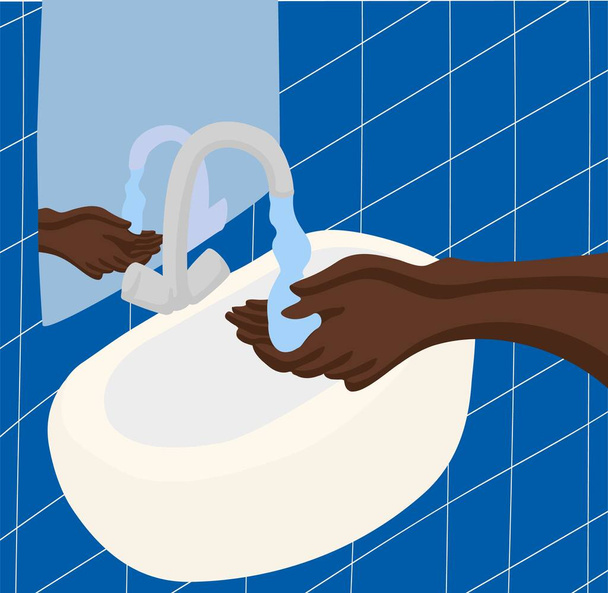 Εικονογράφηση διάνυσμα η διαδικασία της πλύσης μαύρα χέρια πάνω από το νεροχύτη στο μπάνιο με έναν καθρέφτη. Αντιρατσιστική εικονογράφηση για το θέμα του coronavirus και την ανάγκη πλύσης των χεριών  - Διάνυσμα, εικόνα