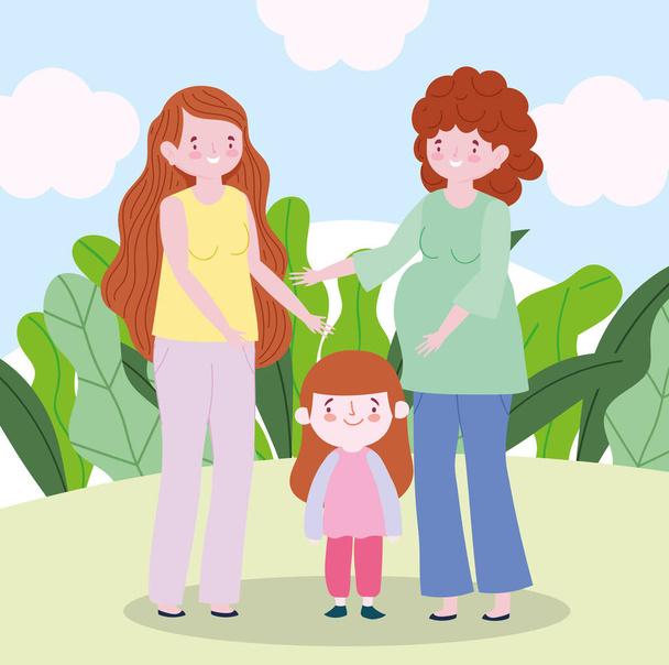 Familie schwangere Mutter mit Teenager und kleiner Tochter zusammen Zeichentrickfigur - Vektor, Bild