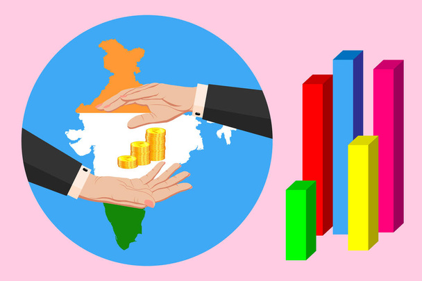 Ekonomika a rozpočet Indie. Dvě ženské ruce v obleku kolem zlatých indických rupií. Mapa Indie v barvách národní vlajky. Symbol ochrany, stability. Vodorovný vektor - Vektor, obrázek