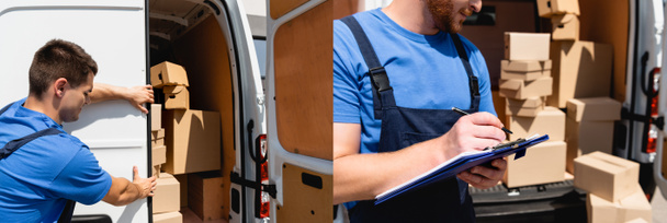 Collage de la escritura del cargador en el portapapeles y el colega cerrando la puerta del camión al aire libre - Foto, Imagen