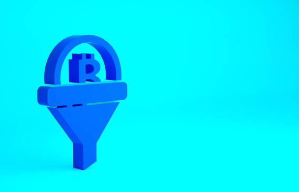 Blue Sales funnel with bitcoin icon isolated on blue background. Infographic template. Minimalism concept. 3d illustration 3D render. - Photo, Image