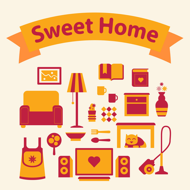 Set of icons of a cozy home red and yellow colors - Фото, изображение