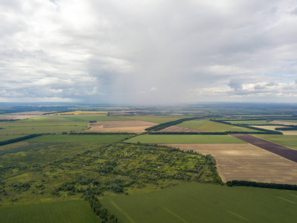 空中ドローンビュー。ウクライナのフィールド上の雨の雲。雨が降っている。. - 写真・画像