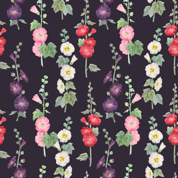 Beautiful seamless floral pattern with watercolor summer mallow flowers. Stock illustration. - Valokuva, kuva