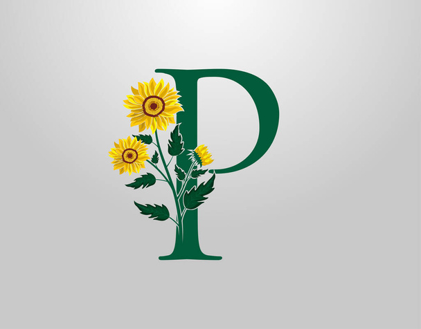 Буква P векторный алфавит с подсолнухом. Логотип цветочного растения. Типографический дизайн - Вектор,изображение
