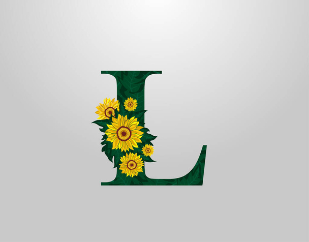 L Kirje auringonkukka vektori suunnittelu. Kukka L Logo kuvake. Typografiasuunnittelu - Vektori, kuva