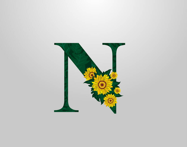 N Carta com design de vetor de girassol. Ícone do logotipo da flor N. Desenho tipográfico
 - Vetor, Imagem
